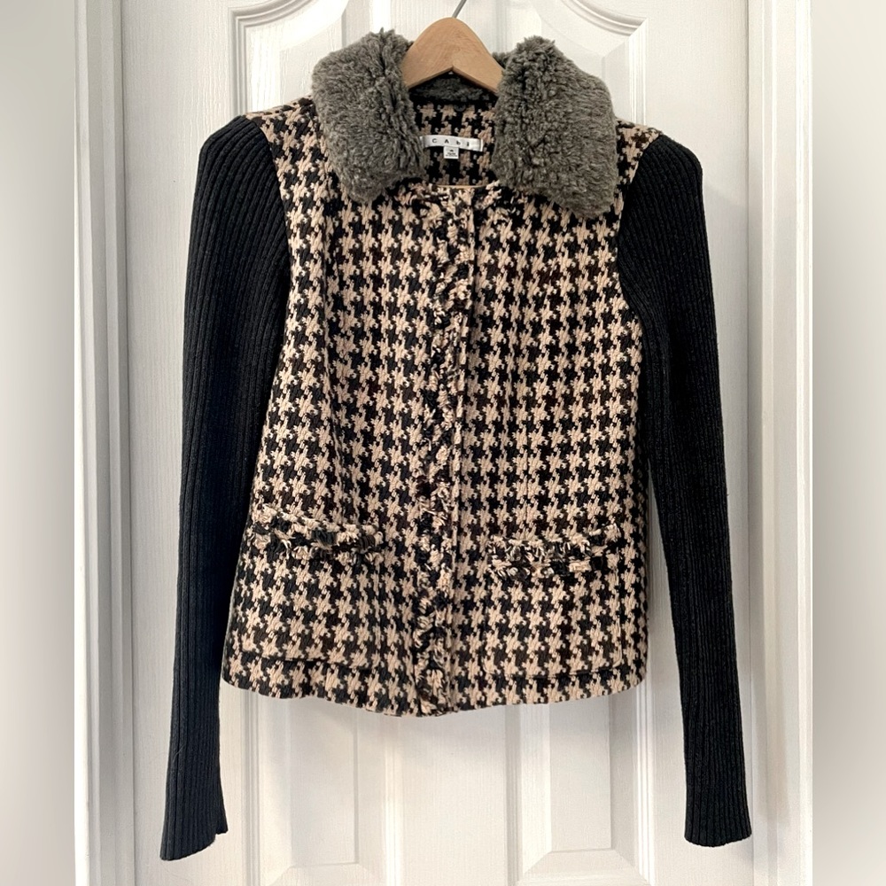 Cabi Houndstooth Mixer Sweater jacket with detachable faux fur collar, 4
